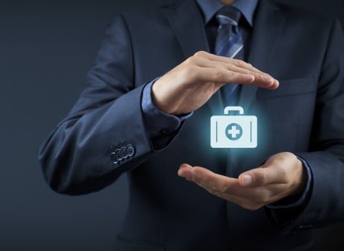 Medical (health) and life insurance concept. Insurance agent with protective gesture and icon of nurse briefcase. Wide banner composition.