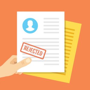 Job application rejected. Hand holds job application with rejection stamp on it. Modern flat design concept for web banners, web sites, infographic. Flat vector illustration isolated on red background