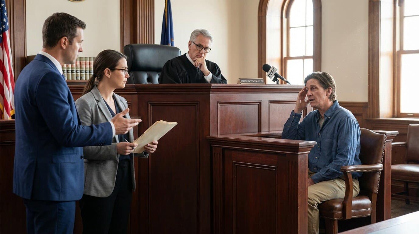 Judge in black robes listens to a weary claimant testifying about memory loss at a mahogany judicial bench.